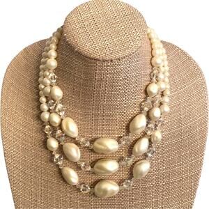 Vintage White Multi Strand Choker Necklace pearl finish beads & faceted crystals